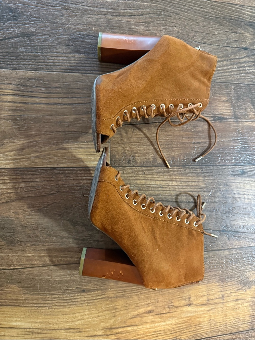BAMBOO Tan Suede Lace-Up Block Heel Ankle Boots